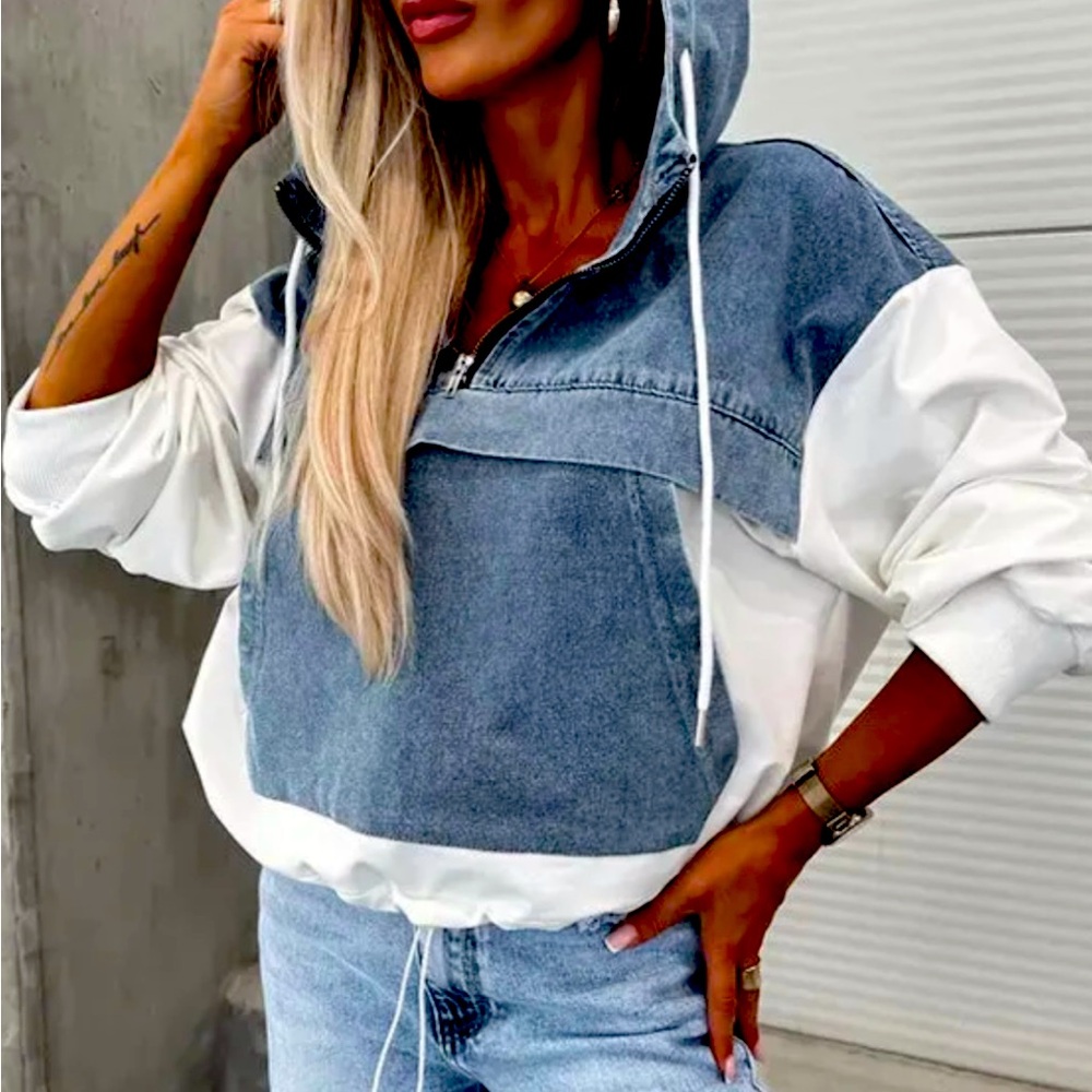 Denim Patchwork Soft Fabric Kangaroo Pocket Loose Hoodie
White